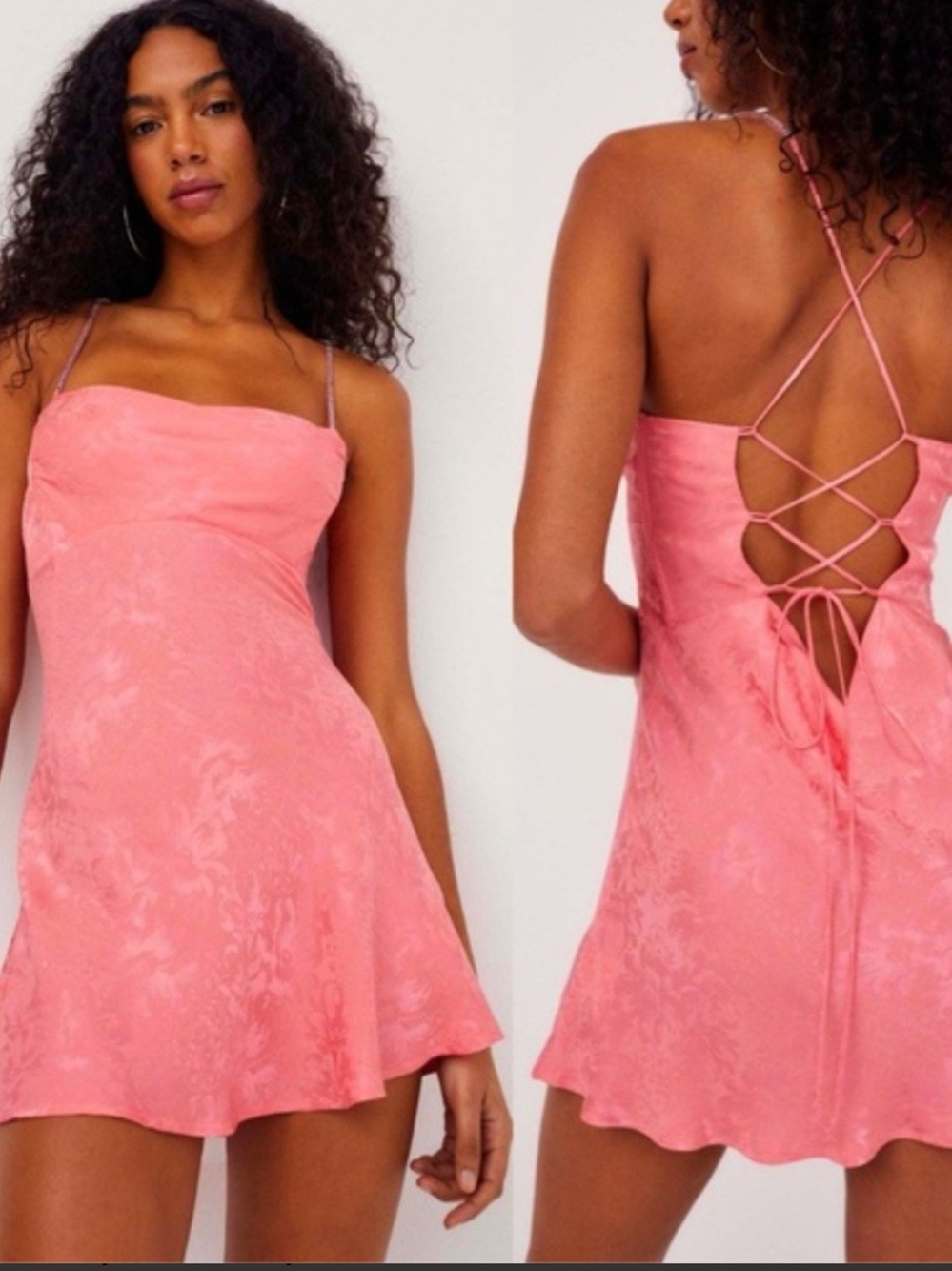For Love & Lemons Pink Satin-Look Lace-Up Back Mini Dress